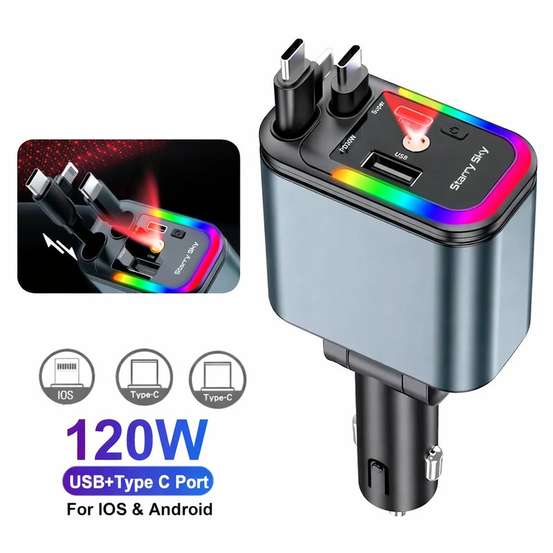 ReVolt™  4 em 1 – Carregador Retrátil 120W Ultra Rápido para Carro (iOS & Android)